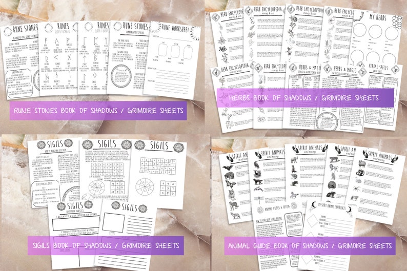 Utskrivbara sidor från nybörjarhäxkonsten i Skuggornas bok | Grimoire-ark för babyhäxor om kristaller, sigill, runstenar, örter och tarotkort bild 6