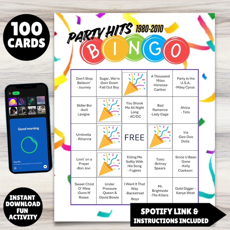 printable 1980s - 2010s music party hits bingo with the greatest hits from several decades 100 unique bingo cards and markers plus instructions all you need is the players and to print the cards great for birthdays, parties, showers and more.