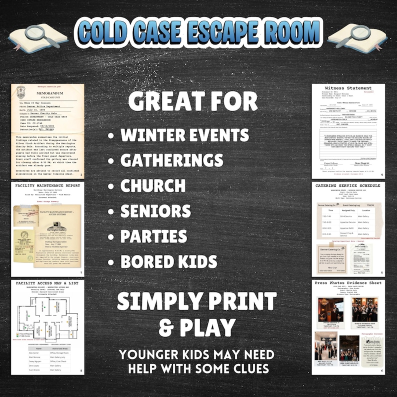 Detective escape room printable cold case mystery game for teens & adults logic puzzle game night activity with 15  clues or puzzles, instructions, answers and certificate for win, great for ages 12 and up.