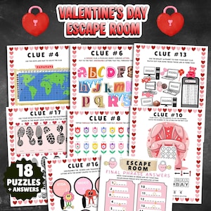 May include: Valentine's Day Escape Room game set with 18 puzzles and answers. The game includes clues with maps, alphabets, and binary codes. The set features heart-shaped locks and decorative hearts.