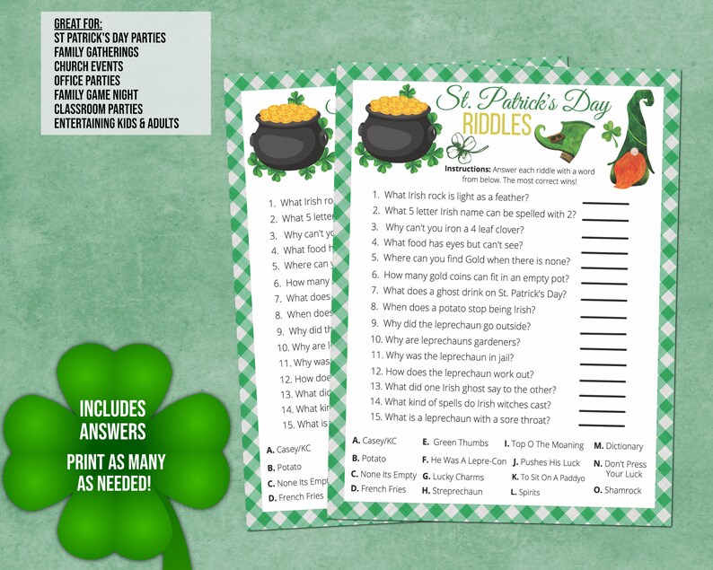 St Patricks Day Riddles Printable Game St Paddys Office - Etsy