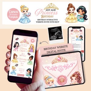May include: A digital birthday invitation website template featuring cartoon princess illustrations, a gold crown, and text including Princess Birthday, Join Us To Celebrate, and RSVP. The design includes a pink envelope with a wax seal and princess characters.