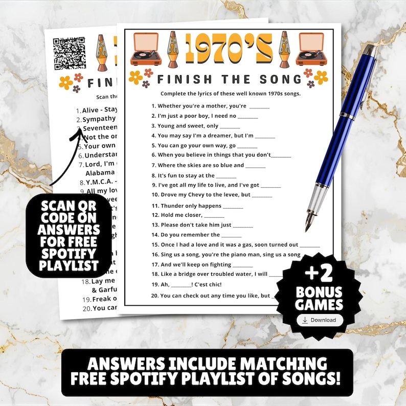 printable 1970s themed finish the song, find a guest who music icebreaker game, and 1970s emoji pictionary printable games with answers and Spotify playlist great for birthdays, seniors, church, classroom and baby showers or wedding showers.
