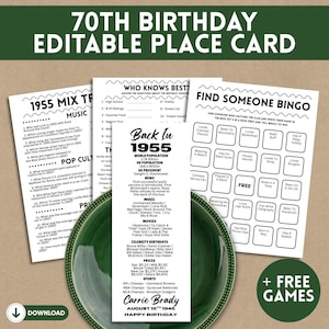 70歳の誕生日に使える印刷可能な席札ゲーム | 70歳の誕生日パーティーのデコレーションを編集 | 1955年生まれの彼女や彼へのテーブルカードギフト 1955年のニュース