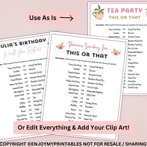 Printable Tea Party Games Adults Kids Toddler | Editable High Tea Quiz ...