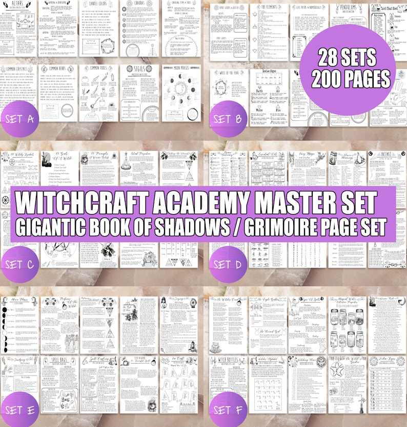 Utskrivbara sidor från nybörjarhäxkonsten i Skuggornas bok | Grimoire-ark för babyhäxor om kristaller, sigill, runstenar, örter och tarotkort bild 1