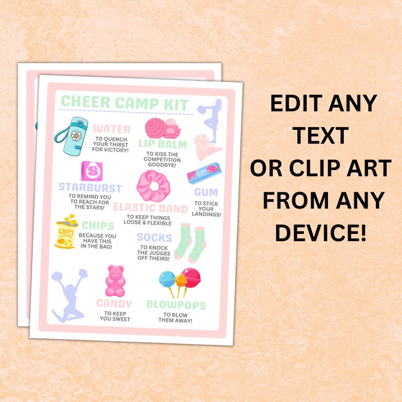 Editable DIY Cheer Camp Survival Kit Printable Gift Bag Flyer | Cheer ...