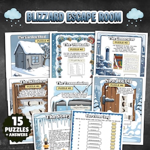 Peut inclure: Un jeu d'évasion Blizzard Escape Room avec 15 énigmes et réponses. Le jeu propose des énigmes illustrées avec des titres tels que "The Garden Shed", "The Old Radio" et "The Generator". Le design comprend un thème enneigé avec des illustrations de cabane et de radio.