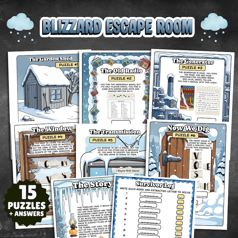 Printable winter blizzard diy escape room kit for older kids, teens and adults. Logic puzzles to solve indoors winter boredom activity, includes answers, story, survivors log and certificate. Set up your own winter indoor escape room easy.
