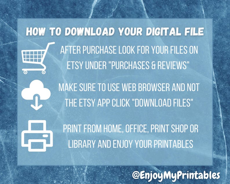 May include: A light blue graphic with white text detailing how to download digital files from Etsy. Instructions include finding files under "Purchases & Reviews", using a web browser, and printing from various locations. The graphic includes a shopping cart, cloud, and printer icons.