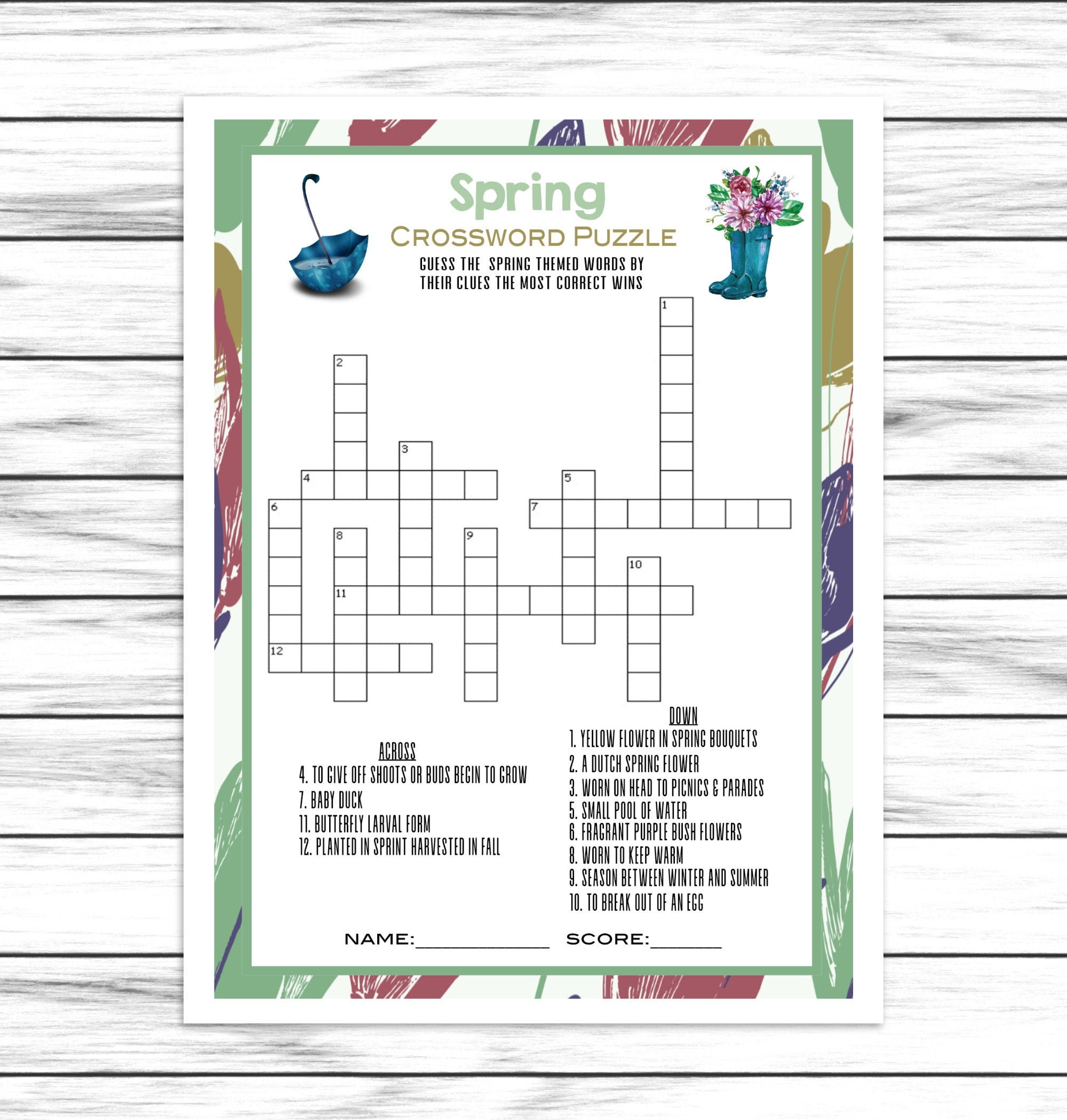 Spring Crossword Puzzle Game Spring Party Game Word Game ...