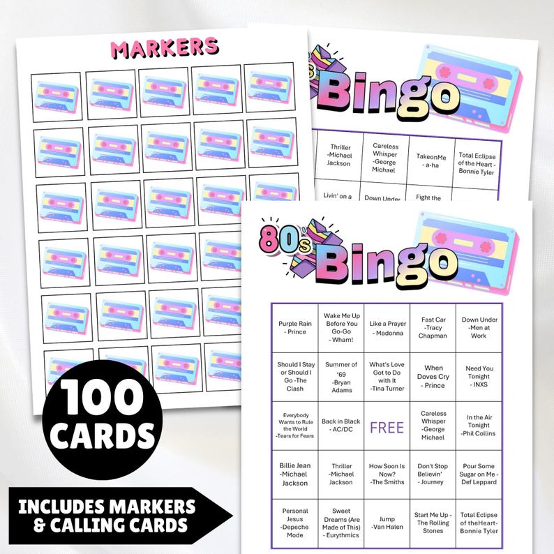 printable 1980s music party bingo cards 100 unique cards instructions and a Spotify music playlist all you have to do is print, and click on the link to set up the game, great for birthdays, 80s parties, senior centers retro parties and more 1980s greatest hits bingo!