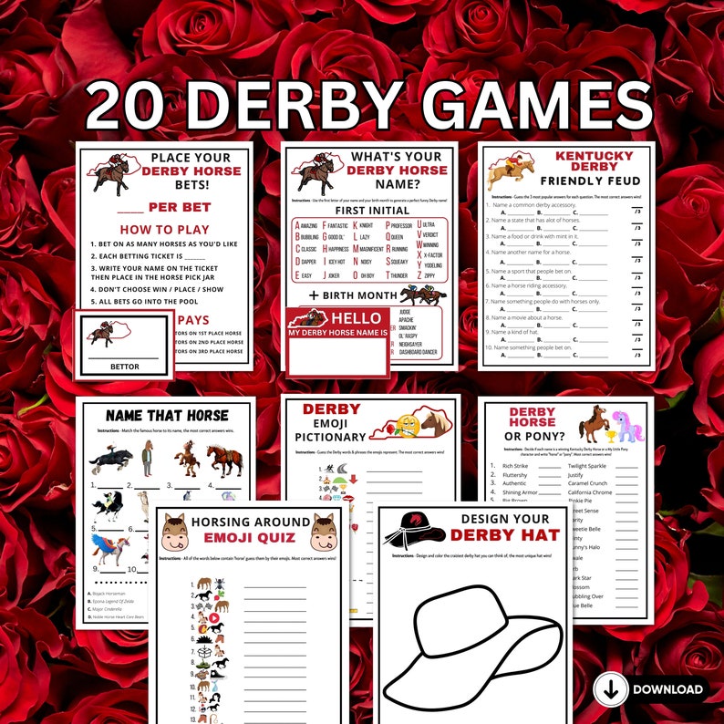 Fun 20 printable game bundle with answers to print and play at your Kentucky derby party for kids and adults, or seniors great for office or classroom parties.