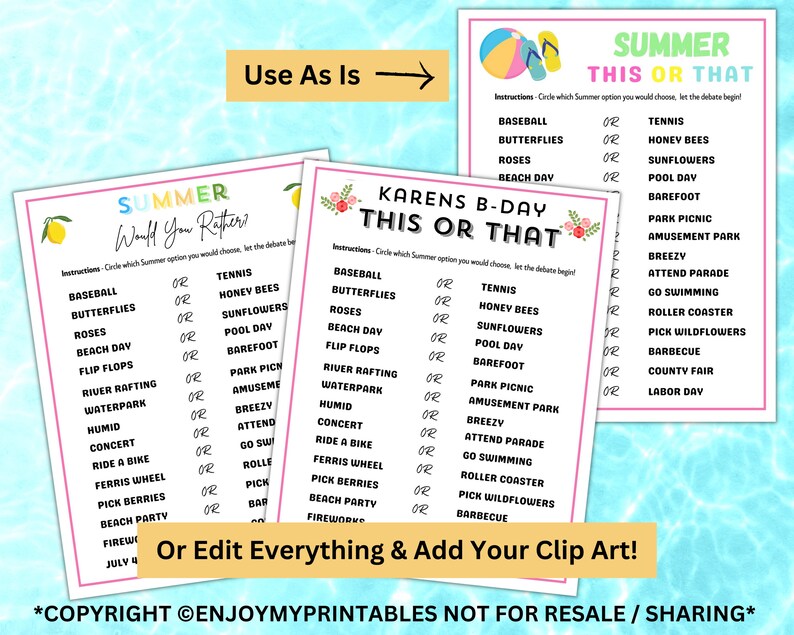 Summer Fun Template.pdf Printable Summer Games for Kids Adults Families | Editable Summer ...