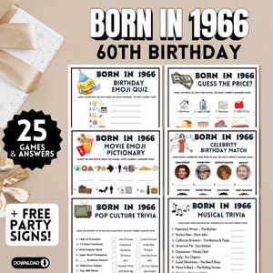 Puede incluir: Un conjunto de juegos de fiesta para un 60 cumpleaños, que incluyen trivia y cuestionarios de emojis. El diseño presenta el texto "Born in 1966" y "60th Birthday". Los juegos están diseñados para ser divertidos y atractivos.