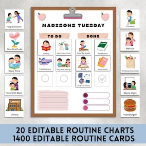 May include: A pink and white printable chore chart with the title "Madisons Tuesday". The chart is divided into two sections: "To Do" and "Done". Each section has a list of chores with corresponding checkboxes. The chores include "Spelling", "Water Indoor Plants", "Read By Myself", "Vocabulary", "Tidy Bedroom", "Play With Siblings", "Study", "Social Studies", "Pack For School", and "Movie Night".