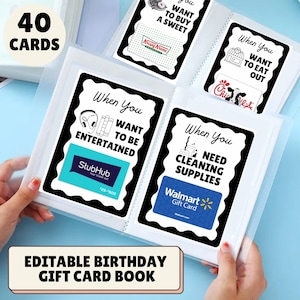 May include: A gift card organiser with 40 card slots, displaying gift cards for different retailers. The book includes text that reads "When You Want To Buy A Sweet", "When You Want To Eat Out", "When You Want To Be Entertained", and "When You Need Cleaning Supplies". The book is labelled "Editable Birthday Gift Card Book".
