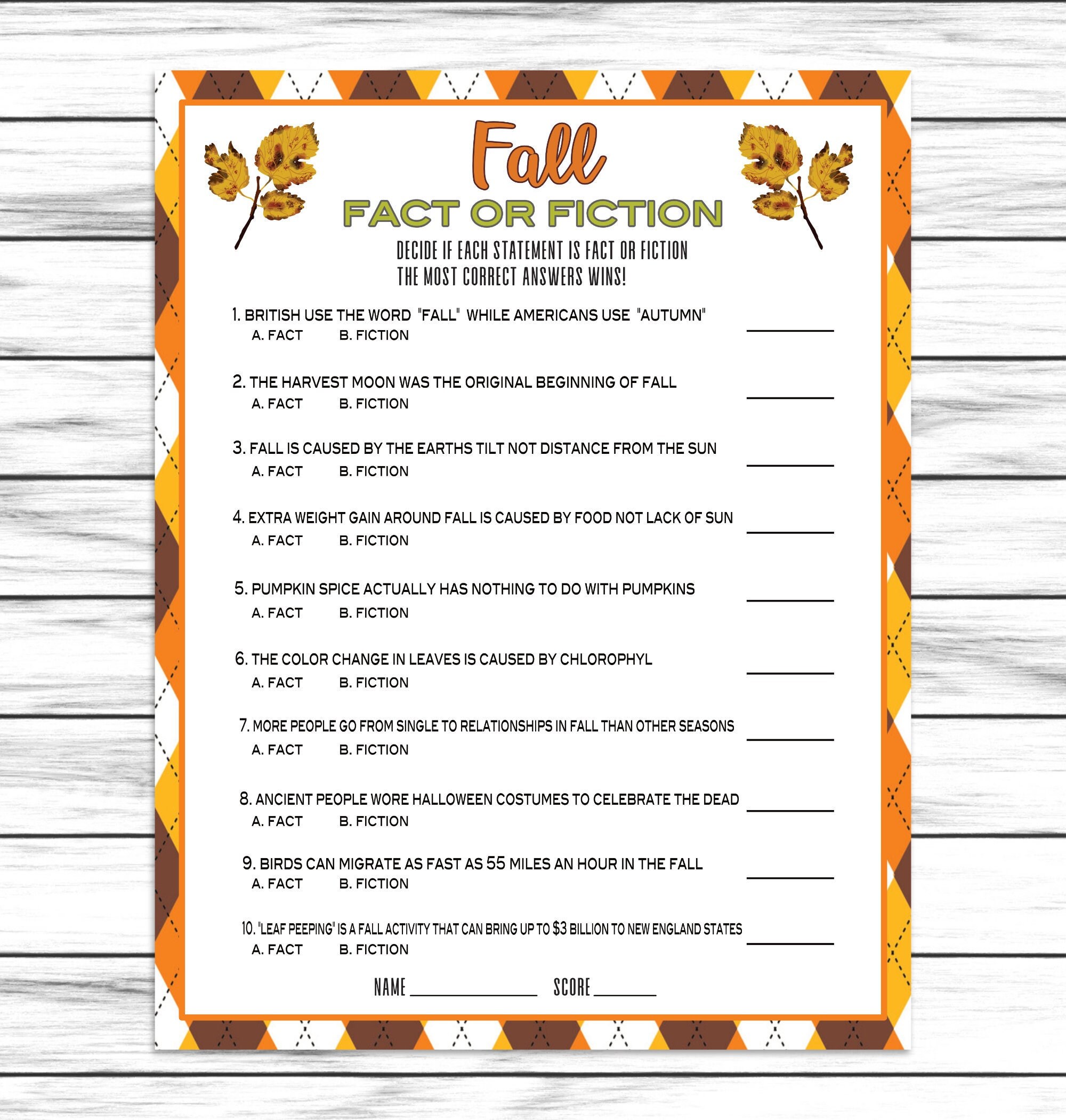 Fall Fact Or Fiction Trivia Game Printable Or Virtual Adults Etsy