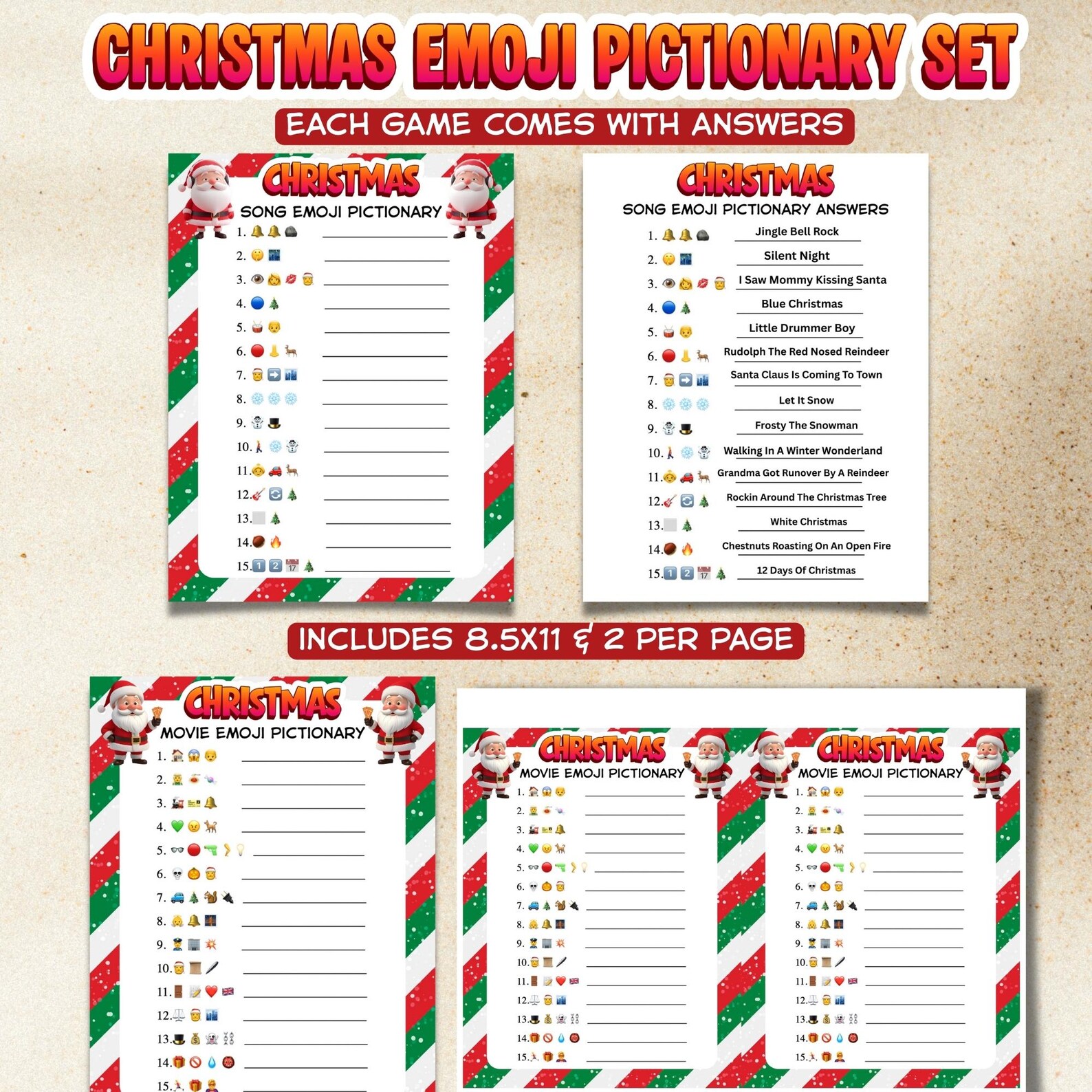5-in-1 Christmas Emoji Pictionary Game Bundle | Printable Holiday Party ...