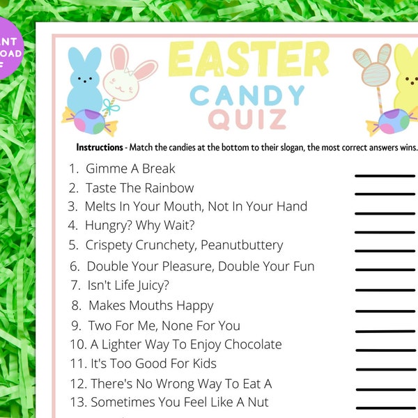 Easter Candy Quiz Game | Fun Family Activity | Kids Or Adults Trivia | Classroom Work Senior Party Idea | Instant Download Printable Puzzle