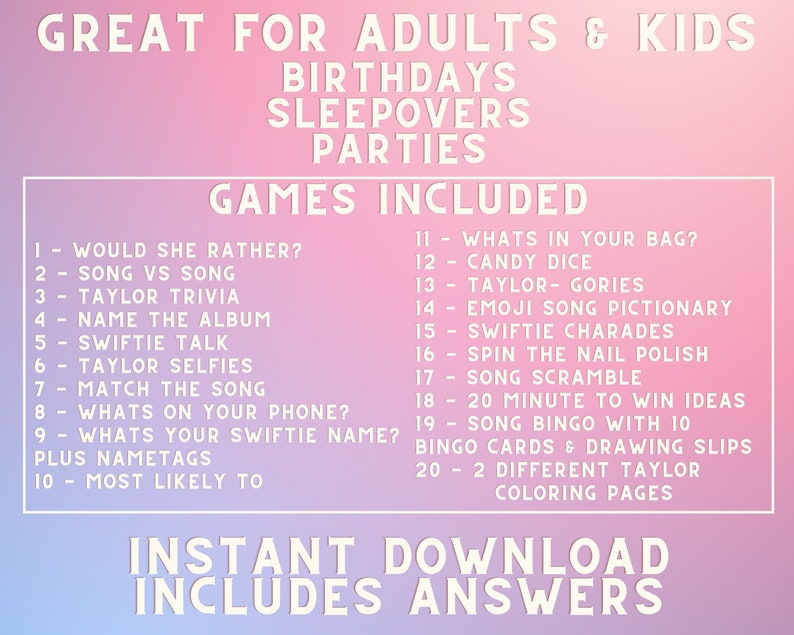 swiftie party printable games bundle with answers great for teens and tweens Taylor fans or eras tour concert activities, birthday parties or sleepovers. Includes song bingo, trivia, and emoji games.