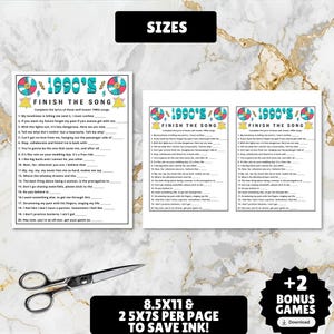 printable 1990s themed finish the song, find a guest who music icebreaker game, and 1990s emoji pictionary printable games with answers and Spotify playlist great for birthdays, seniors, church, classroom and baby showers or wedding showers.