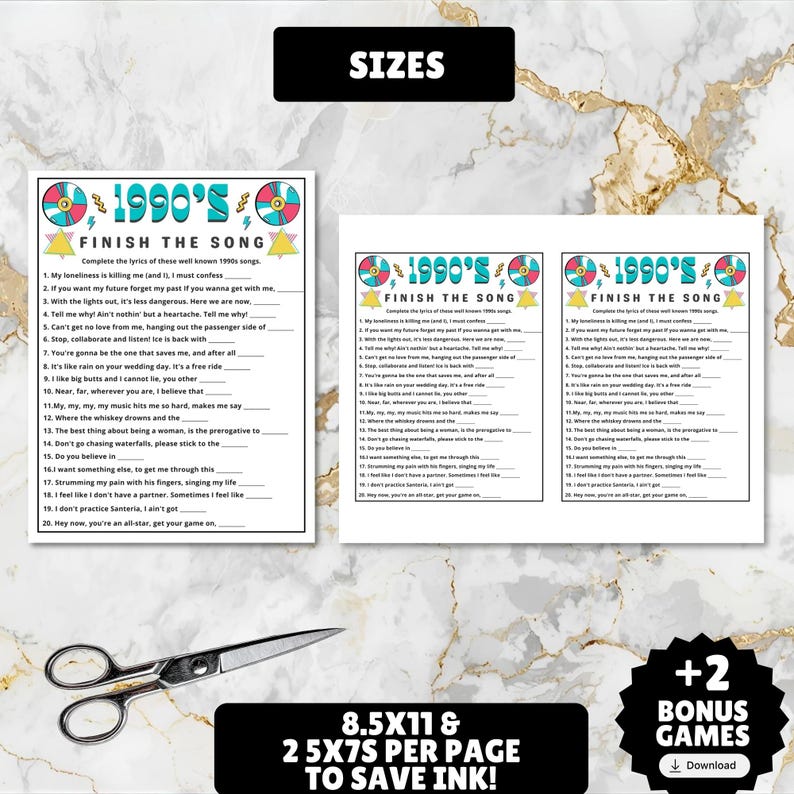 printable 1990s themed finish the song, find a guest who music icebreaker game, and 1990s emoji pictionary printable games with answers and Spotify playlist great for birthdays, seniors, church, classroom and baby showers or wedding showers.