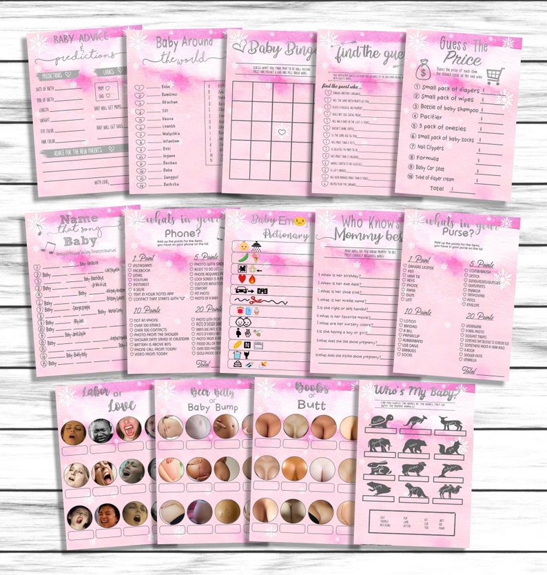 Labor or Beer or Baby Girls Baby Shower Games Bundle Pink Baby Its Cold Outside Snowflakes Winter Wonderland Printable