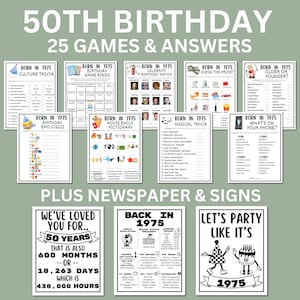 Lot de jeux à imprimer pour le 50e anniversaire | Idée de fête né en 1975 | 50e anniversaire, activités, fête, homme femme, 1975, affiche journal, quiz