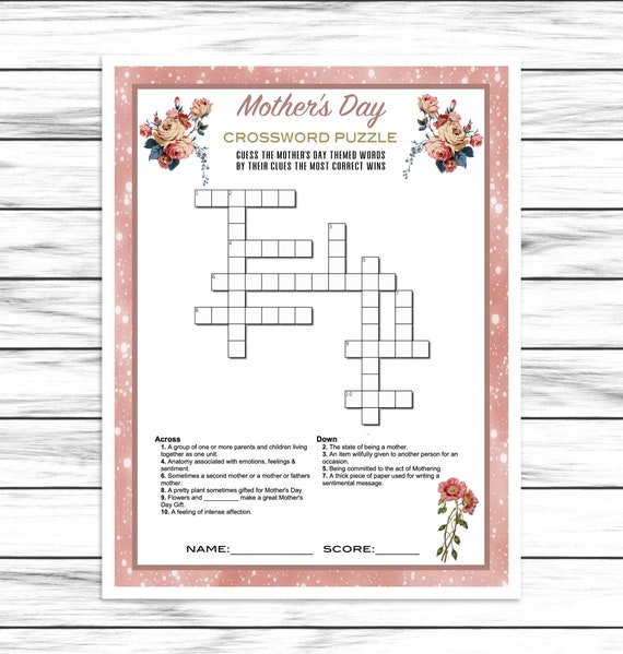 Mothers Day Crossword Puzzle Game Party Game Word Game for Etsy