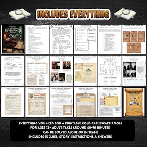 Detective escape room printable cold case mystery game for teens & adults logic puzzle game night activity with 15  clues or puzzles, instructions, answers and certificate for win, great for ages 12 and up.