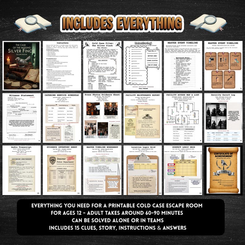 Detective escape room printable cold case mystery game for teens & adults logic puzzle game night activity with 15  clues or puzzles, instructions, answers and certificate for win, great for ages 12 and up.