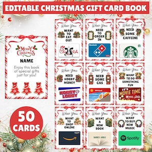 May include: An editable Christmas gift card book with a candy cane border. The book contains 50 cards with various gift card options, including restaurants, coffee shops, and online retailers. The cover reads "Merry Christmas" and has space for a name.