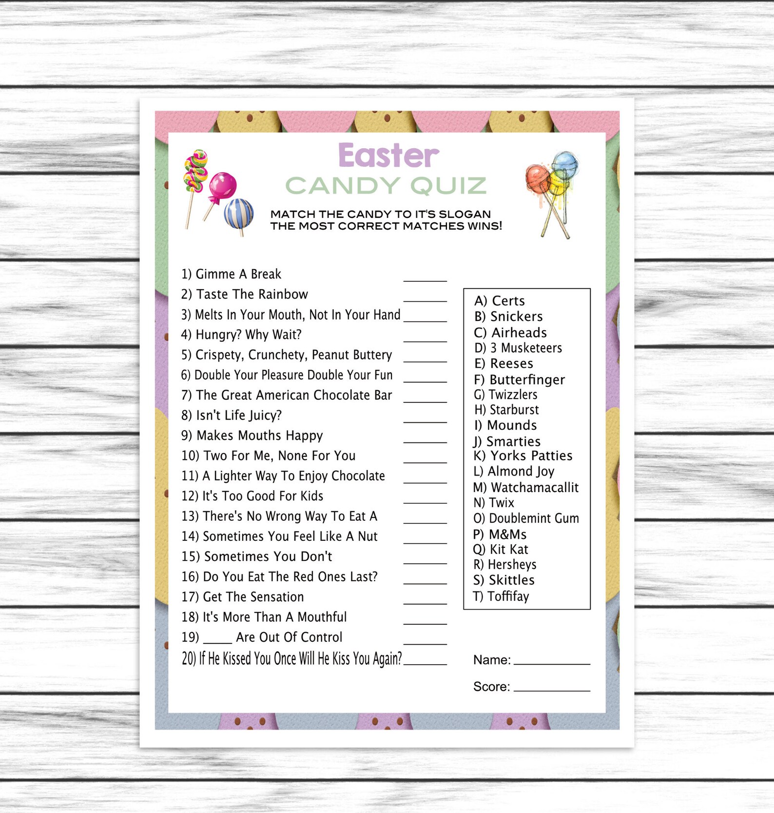 Easter Candy Quiz Easter Trivia Party Game Easter Dinner Etsy UK