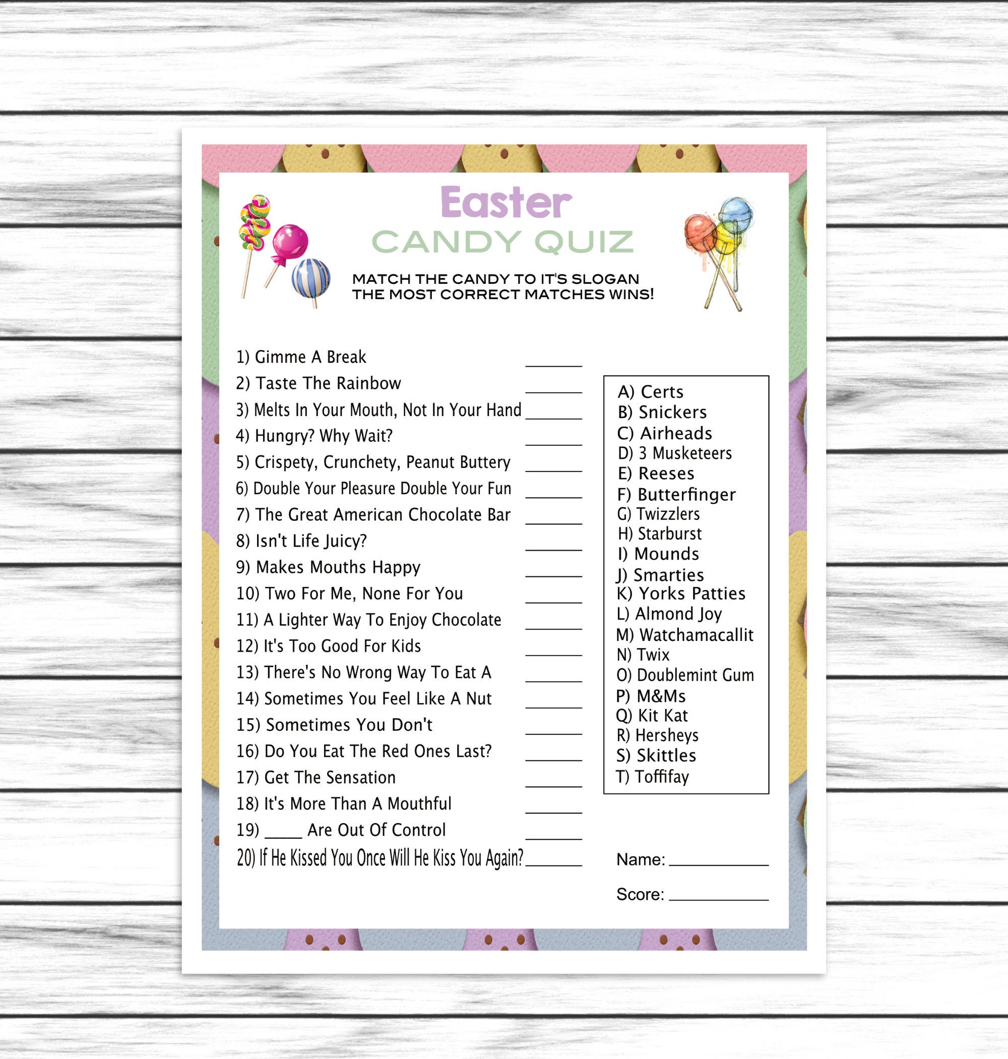 Easter Candy Quiz Easter Trivia Party Game Easter Dinner Etsy