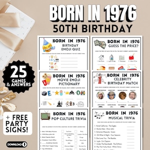 Può includere: Una collezione di giochi per una festa di compleanno per il 50° compleanno. Il design presenta il testo "Born in 1976" e include quiz a quiz, puzzle di emoji e giochi di abbinamento di celebrità. Il set include anche cartelli per feste gratuiti.
