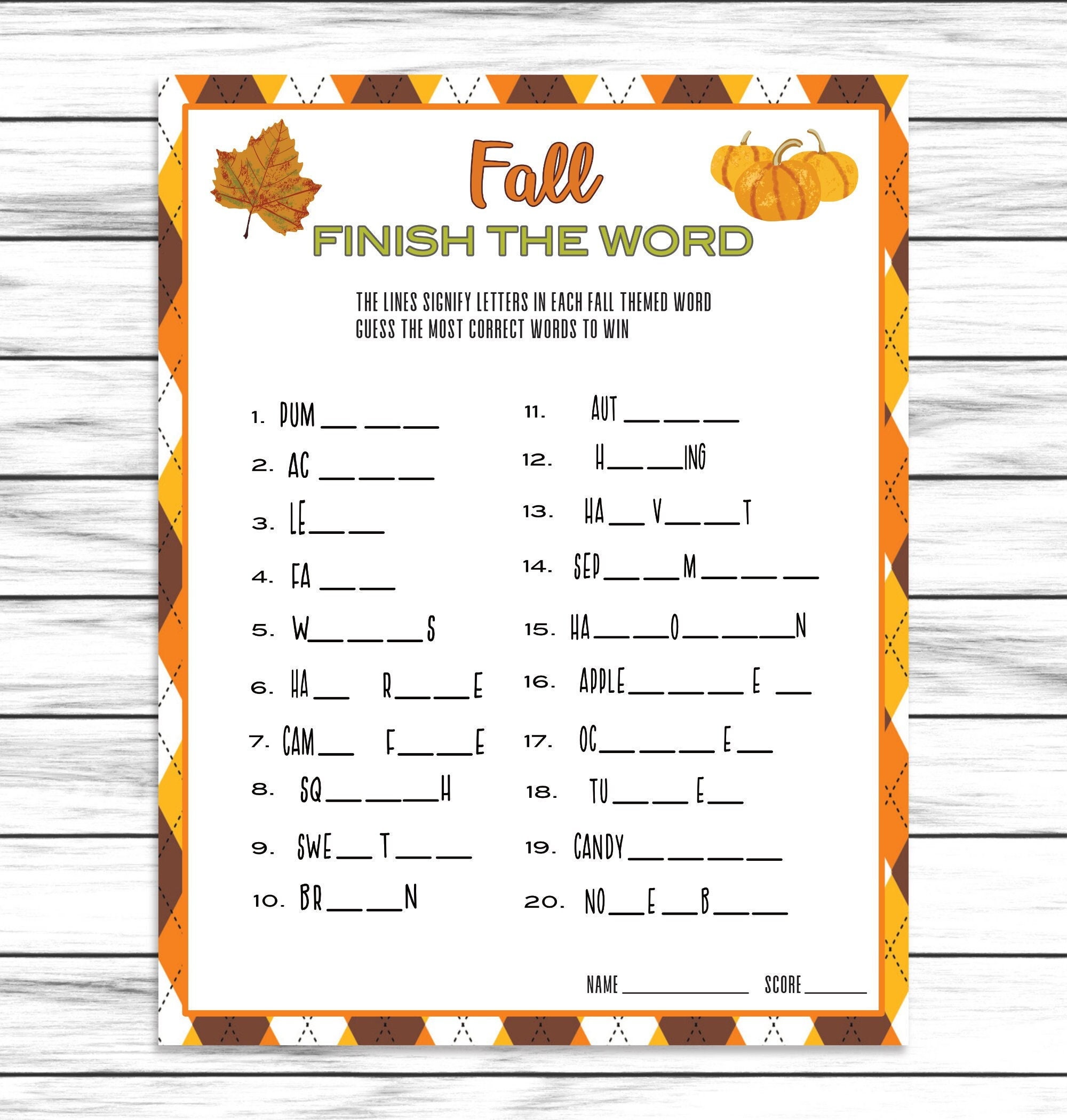 Fall Finish the Word Game Printable or Virtual Game for Etsy