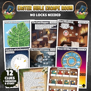 以下が含まれることがあります： 「Easter Bible Escape Room」というタイトルのイースターをテーマにした脱出ゲームで、「No Locks Needed」というテキストがあります。ゲームには12個の手がかり、答え、ストーリーが含まれています。ゲームには、イラストとテキストを使ったさまざまなパズルがあります。