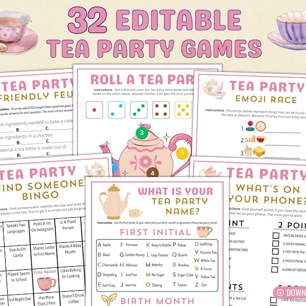 Printable Tea Party Games Adults Kids Toddler | Editable High Tea Quiz Activity Bundle | Bridal Baby Shower Birthday Tea Party Idea