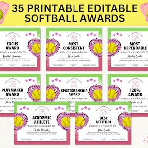 Printable Softball Team Editable Award Certificates | End Of Season Softball Team Party Awards Green Pink Editable Player DIY Award Template