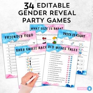 Editable Gender Reveal Games Bundle | Gender Reveal Party Ideas | Blue Pink Gender Reveal Printable Activity Template Set