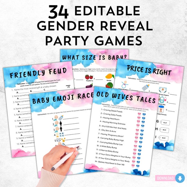 Editable Gender Reveal Games Bundle | Gender Reveal Party Ideas | Blue Pink Gender Reveal Printable Activity Template Set