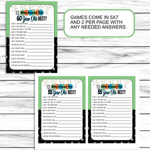 May include: Two printable game cards with a green and black polka dot background. The cards are titled "Who Knows The 60 Year Old Best?" and "Who Knows The 55 Year Old Best?" The cards have a list of questions about the person's favorite hobbies, zodiac sign, last vacation, favorite book, favorite food, and more.