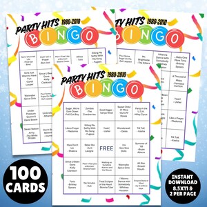 printable 1980s - 2010s music party hits bingo with the greatest hits from several decades 100 unique bingo cards and markers plus instructions all you need is the players and to print the cards great for birthdays, parties, showers and more.