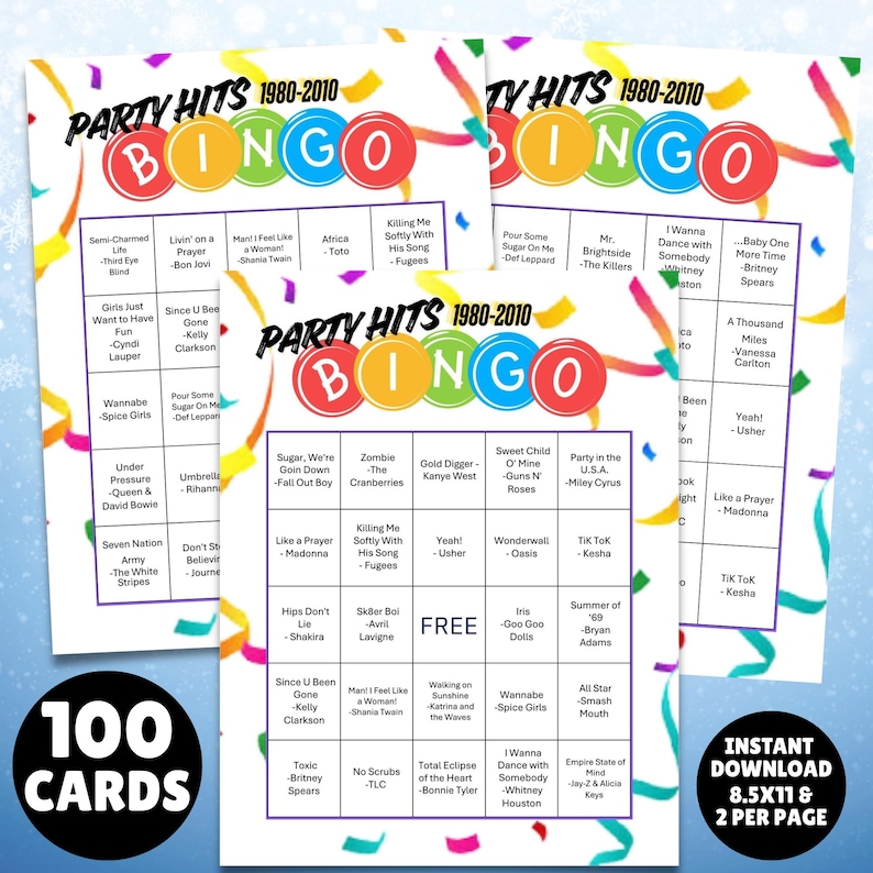 printable 1980s - 2010s music party hits bingo with the greatest hits from several decades 100 unique bingo cards and markers plus instructions all you need is the players and to print the cards great for birthdays, parties, showers and more.