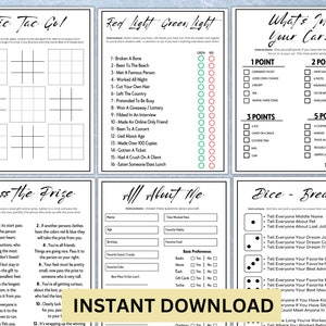 May include: A set of printable game cards for a party or game night. The cards feature games like Tic Tac Go, Red Light Green Light, What's in Your Car, Pass the Prize, All About Me, and Dice Breaker. The cards are black and white with a red, green, and blue color scheme.