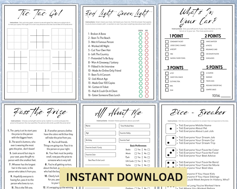 May include: A set of printable game cards for a party or game night. The cards feature games like Tic Tac Go, Red Light Green Light, What's in Your Car, Pass the Prize, All About Me, and Dice Breaker. The cards are black and white with a red, green, and blue color scheme.