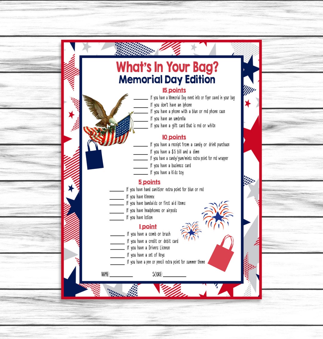 Memorial Day Whats in Your Bag, Party Game, Purse Game, for Adults Kids