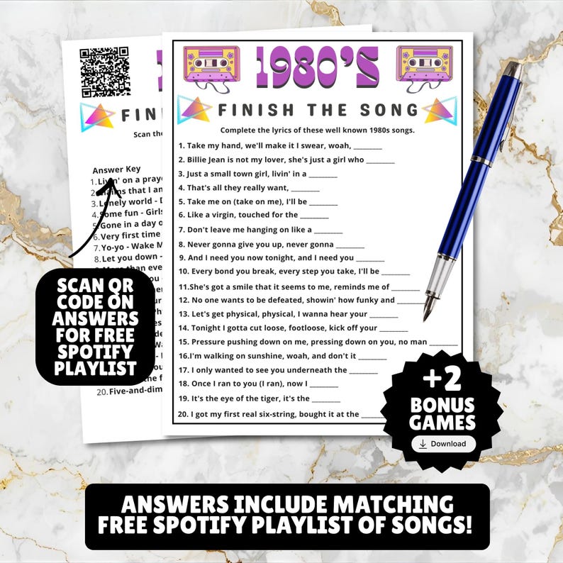 printable 1980s themed finish the song, find a guest who music icebreaker game, and 1980s emoji pictionary printable games with answers and Spotify playlist great for birthdays, seniors, church, classroom and baby showers or wedding showers.