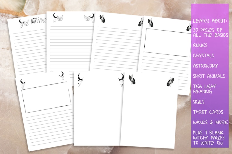 Utskrivbara sidor från nybörjarhäxkonsten i Skuggornas bok | Grimoire-ark för babyhäxor om kristaller, sigill, runstenar, örter och tarotkort bild 8